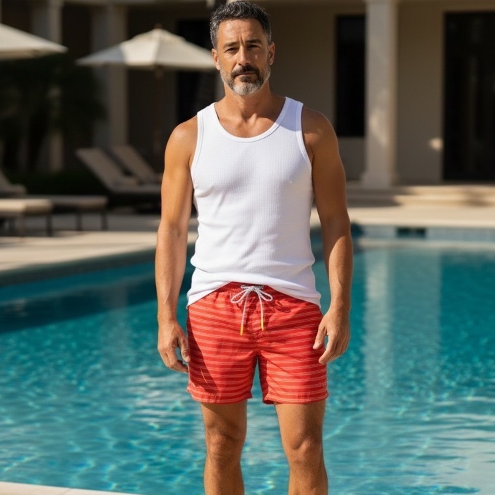 Bonobos Mens Striped Swim‎ Trunks Red Orange Board Shorts Drawstring Sz M